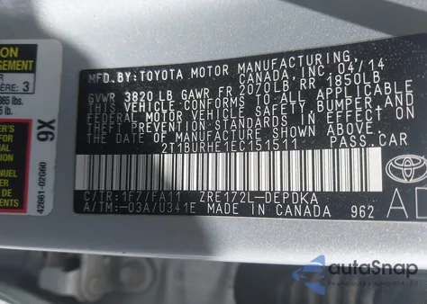 2014 Toyota Corolla L из США, поврежденный, VIN 2T1BURHE1EC151511